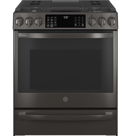 GE APPLIANCES Profile 30in Smart Slide-In Front-Control Gas Range, Black Stainless - PGS930BPTS