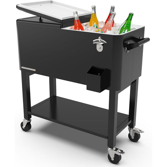 Permasteel Rolling Party Cooler Ice Chest, 80-Quart, Matte Black With Divider