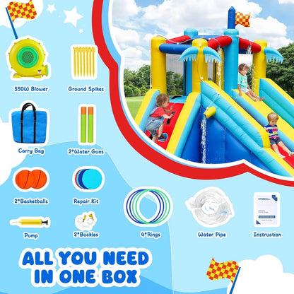 Inflatable Water Slide Bounce House With 550 W Blower, 8-In-1, 467 x 367 x 257 cm