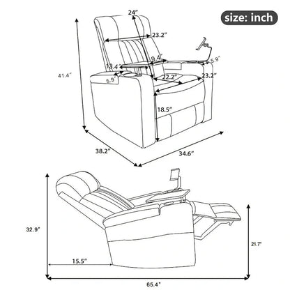 Power Home Theater Recliner Chair, 34.6 D x 38.2 W x 41.4 H, 110-160 Recline, 270 Swivel