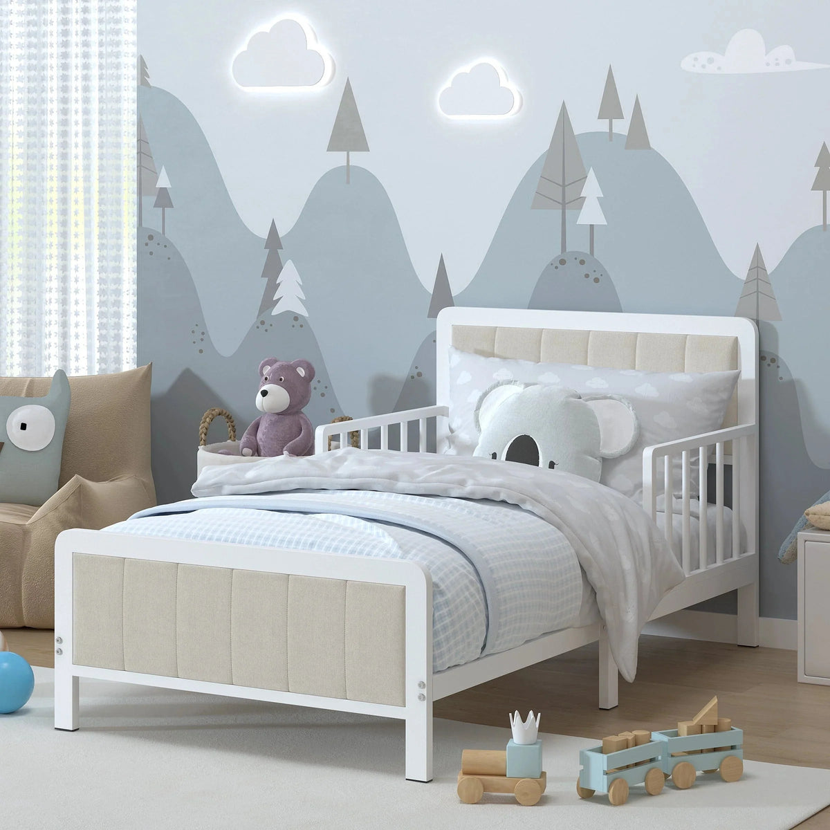 Yoneston Toddler Metal Platform Bed Frame With Guardrails And Upholstered Headboard - White