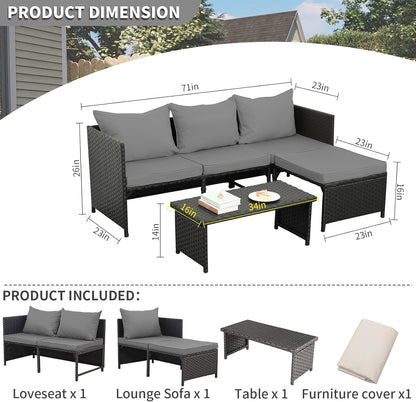Valita 3-Piece Outdoor PE Rattan Patio Conversation Set With Cushions - 47 x 23 x 26 in Sofas, 34 x 16 x 14 in Table